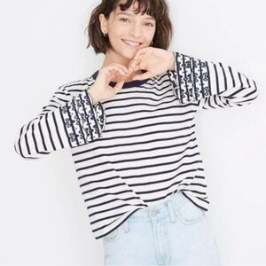 MADEWELL X-Small Oversized Navy Long Sleeve Eyelet Lace Baker Stripe Cotton